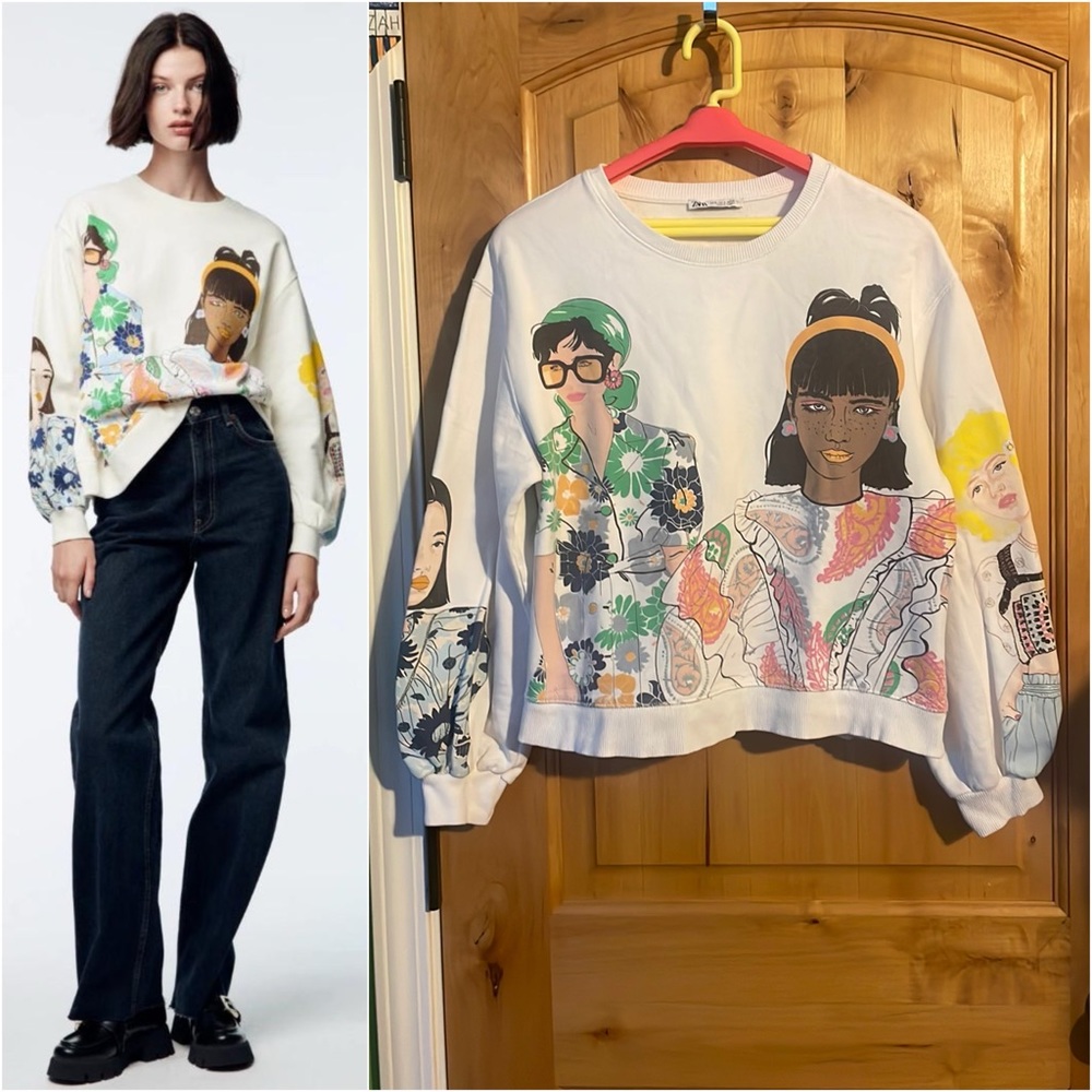 ZARA Blogger Fave Ecru Multi Girls Print Sweatshirt $59.90 EUC S Rare HTF